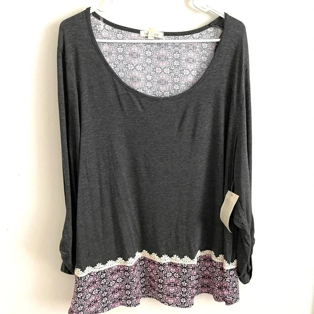Loralette floral print back round neck blouse 1X
